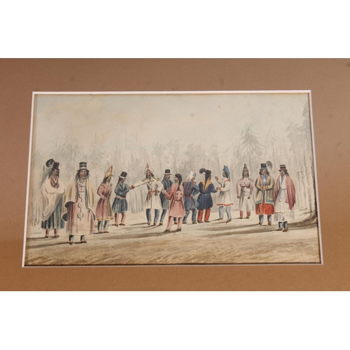 172 - 20TH CENTURY SCHOOL, three views of Upper Canada with natives in boat, tipi and a festival, watercol... 