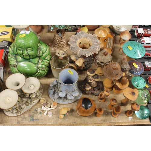 177 - Collection of treen and ceramics mushroom models, also a Chinese green crackle glaze buddha etc.