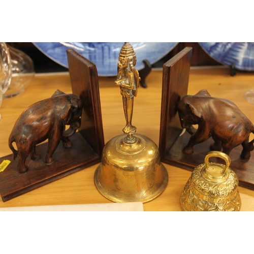 195 - Eastern brass hand bell with figural handle, pair of hardwood elephant paperweights, Indian pietra d... 