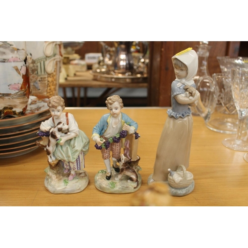 203 - Pair of Continental porcelian figurines, Royal Doulton Mary Had A Little Lamb figurine, Paragon flow... 