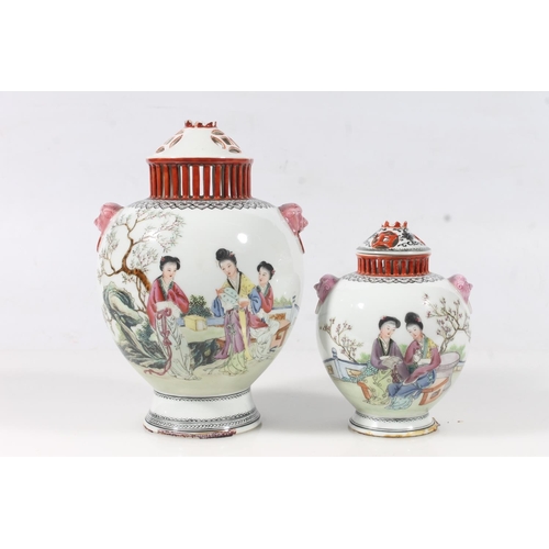 48 - Two Chinese porcelain early PROC period Famille Rose lidded vases, max H21cm.