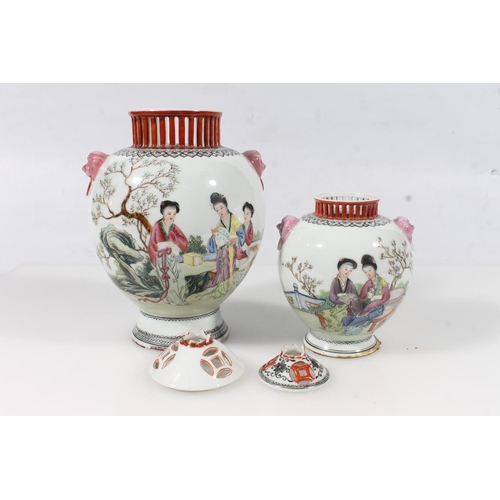 48 - Two Chinese porcelain early PROC period Famille Rose lidded vases, max H21cm.