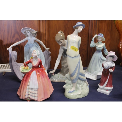 53 - Three Royal Doulton figurines, two Lladro figurines and a Francesca bone china figurine (6)