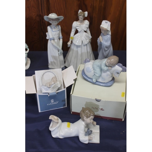 56 - Five Nao porcelain figurines together with a small Lladro baby figurine.