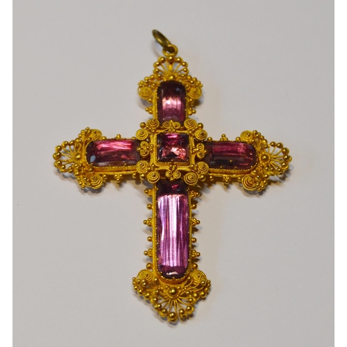 183 - Regency-style cannetille foil pink topaz pendant in the form of a Latin cross, set with foil-backed ... 