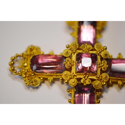 183 - Regency-style cannetille foil pink topaz pendant in the form of a Latin cross, set with foil-backed ... 