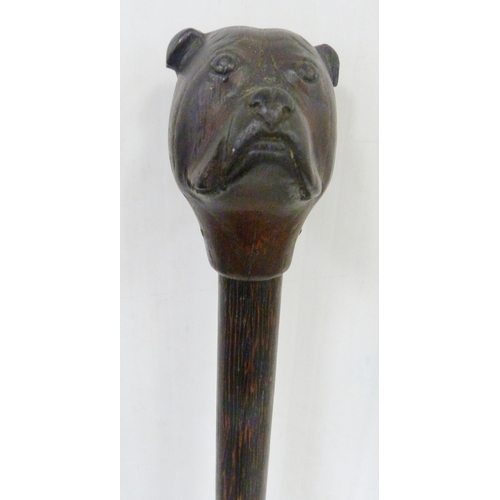 402 - Novelty stained oak walking stick, the grip in the form of a pug dog, 87cm long.