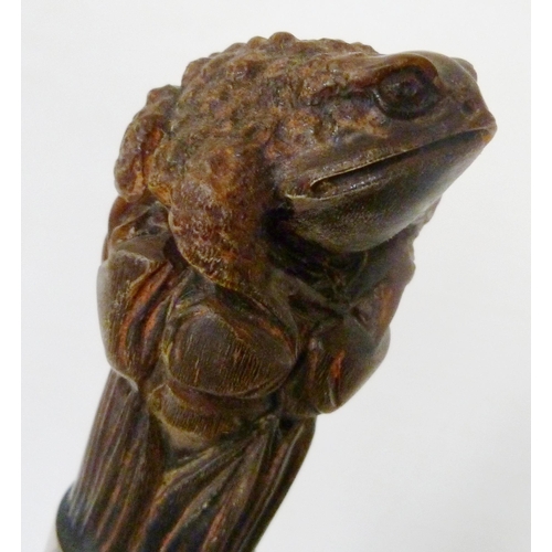 403 - Victorian gnarled walking stick with surmount grip in the form of a frog, white metal collar initial... 