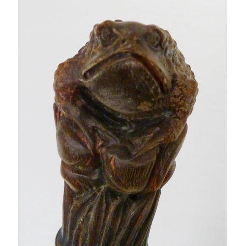 403 - Victorian gnarled walking stick with surmount grip in the form of a frog, white metal collar initial... 