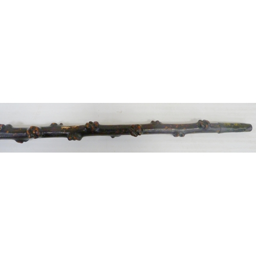 403 - Victorian gnarled walking stick with surmount grip in the form of a frog, white metal collar initial... 