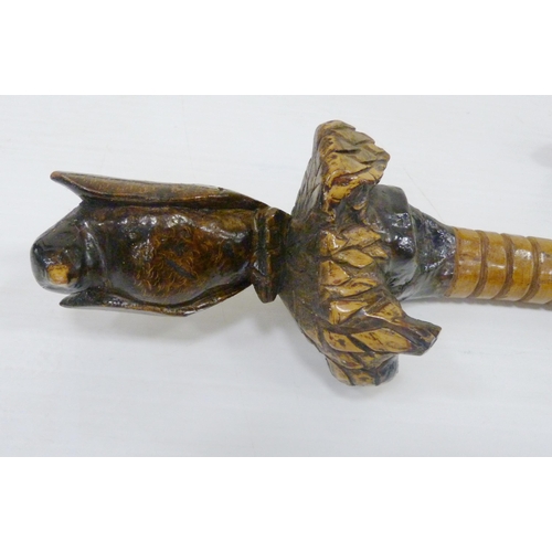 403 - Victorian gnarled walking stick with surmount grip in the form of a frog, white metal collar initial... 