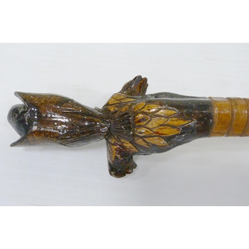 403 - Victorian gnarled walking stick with surmount grip in the form of a frog, white metal collar initial... 