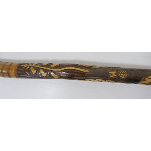 403 - Victorian gnarled walking stick with surmount grip in the form of a frog, white metal collar initial... 