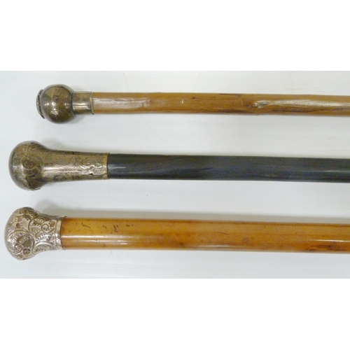 404 - Collection of walking sticks, mainly late Victorian, most with silver pommels, two with Malacca shaf... 