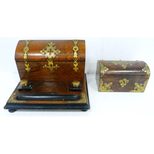 405 - Victorian burr walnut and gilt-mounted desk stand with two inkwells, 20cm high and 31cm wide, and a ... 