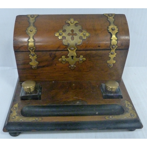 405 - Victorian burr walnut and gilt-mounted desk stand with two inkwells, 20cm high and 31cm wide, and a ... 