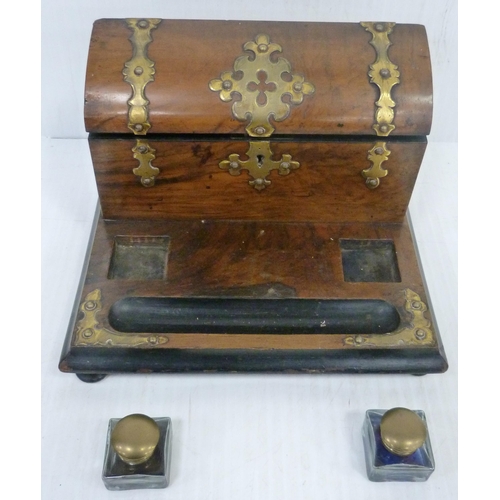 405 - Victorian burr walnut and gilt-mounted desk stand with two inkwells, 20cm high and 31cm wide, and a ... 