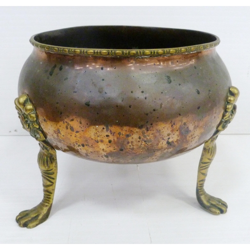 383 - 19th century copper planter on brass supports with animal paw feet, 25cm, and a large Moroccan coppe... 