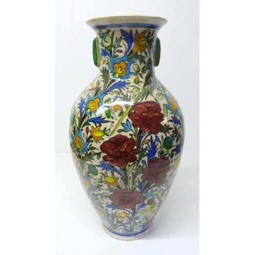 375 - Persian crackle glazed pottery vase of large baluster proportions, decorated with multi-coloured und... 