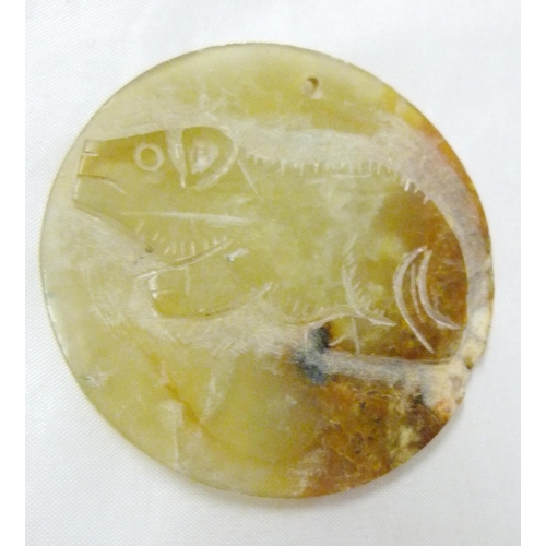 365 - Four Chinese-style jade-coloured pendants to include a disc and figure example, largest 6cm diameter... 