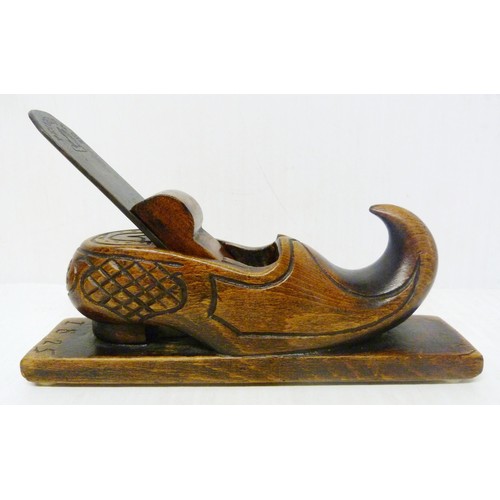 348 - Novelty smoothing plane in the form of a clog, marked to the metal 'Peugeot & CIE', inscribed '1... 