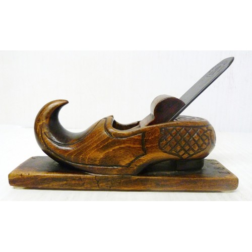 348 - Novelty smoothing plane in the form of a clog, marked to the metal 'Peugeot & CIE', inscribed '1... 