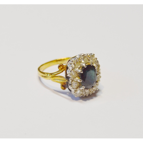 247 - 18ct gold gem set and diamond lady's cluster ring, baguette-cut, with a central dark stone that has ... 