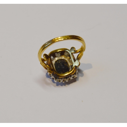 247 - 18ct gold gem set and diamond lady's cluster ring, baguette-cut, with a central dark stone that has ... 