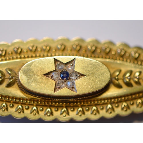 253 - Victorian 15ct gold sapphire and diamond mourning brooch set with a small Ceylon-style sapphire to t... 