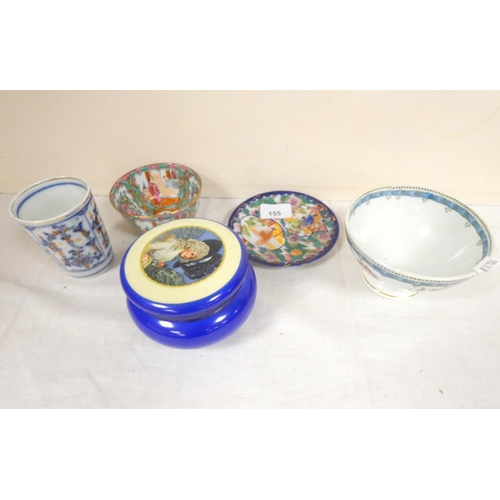 155 - Various Oriental pottery including sake bowl and trinket box.