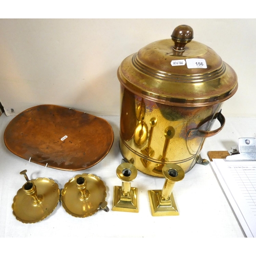 156 - Brass coal bin, copper dish, brass candlesticks, chamber sticks.