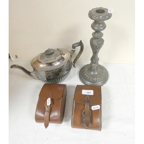 157 - Large pewter candlestick, teapot, cased brush sets.