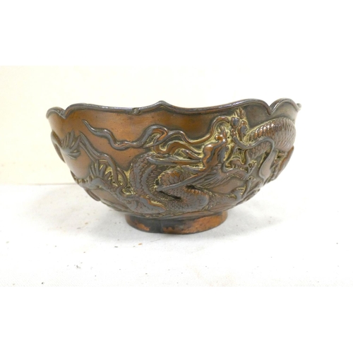 167 - Chinese copper dragon bowl, character marks to base.