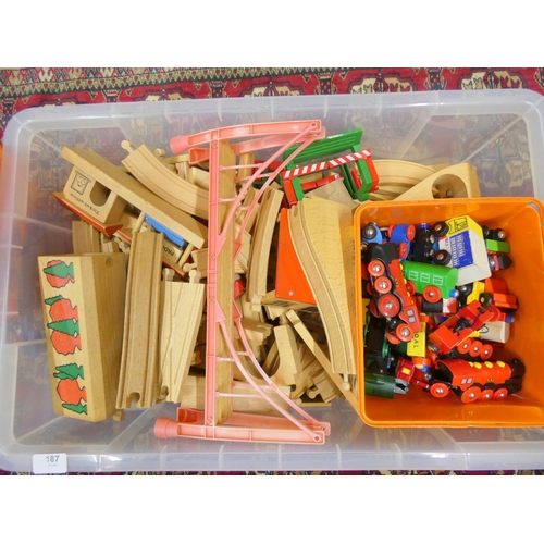 187 - Large box of toy wooden Brio railway blocks.