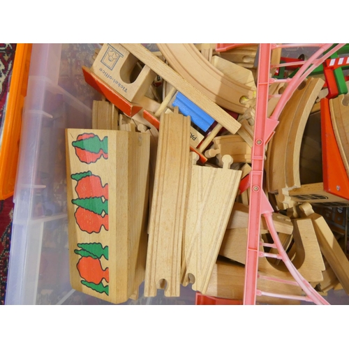 187 - Large box of toy wooden Brio railway blocks.