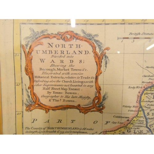 210 - Antique eng. col. map of Northumberland by Eman. Bowen, Printed London.