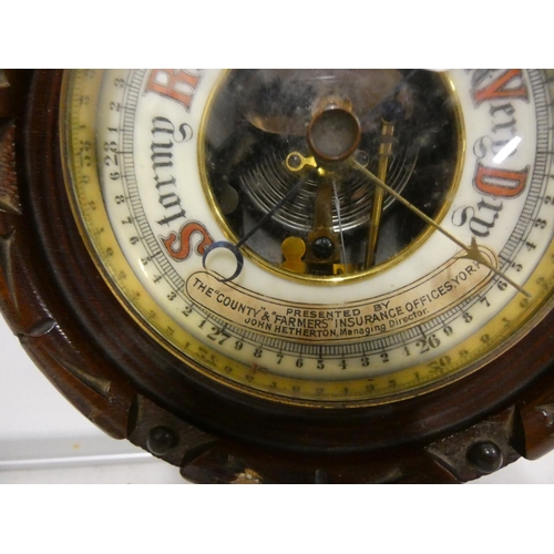 247 - Antique mahogany barometer presented by County & Farmers Insurance Offices York.