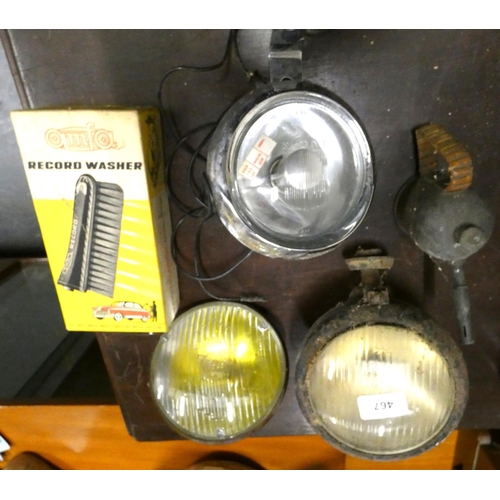 467 - Vintage car lights and mini brass blow torch. 