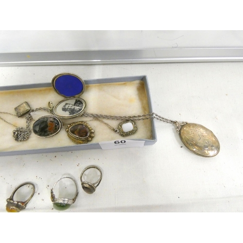 60 - Box of silver jewellery including lockets, rings, pendants etc.