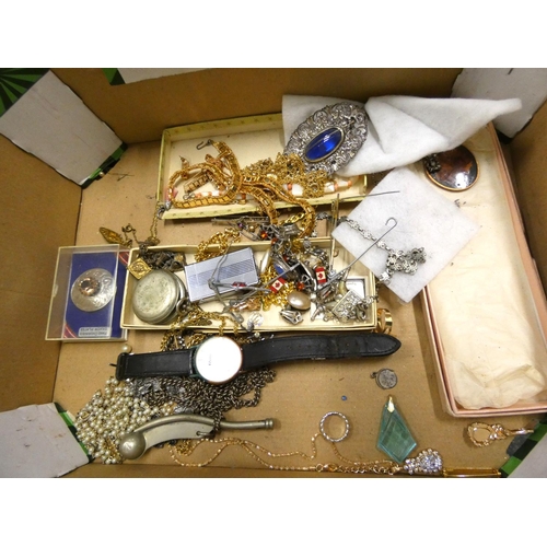 65 - Large box of costume jewellery, bosuns whistle, etc.