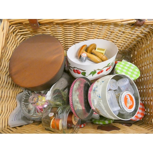 70 - Large wicker basket of sewing items including buttons, cottons etc.