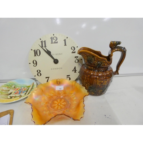 72 - Woods hunting jug, Carnival glass bowl, clock etc.