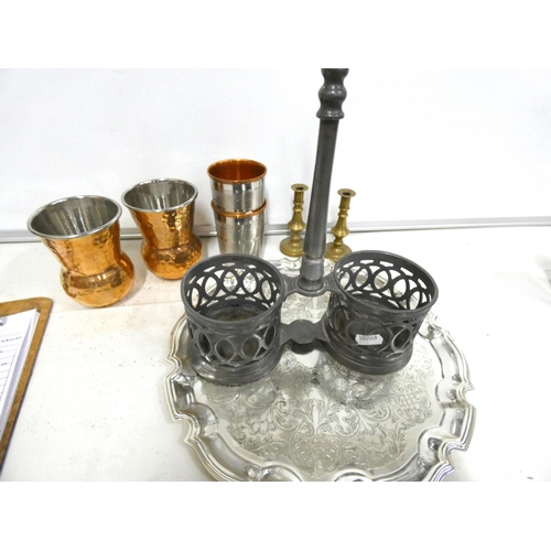 75 - Box of various metalware including decanter stand, cups, small candlesticks etc.