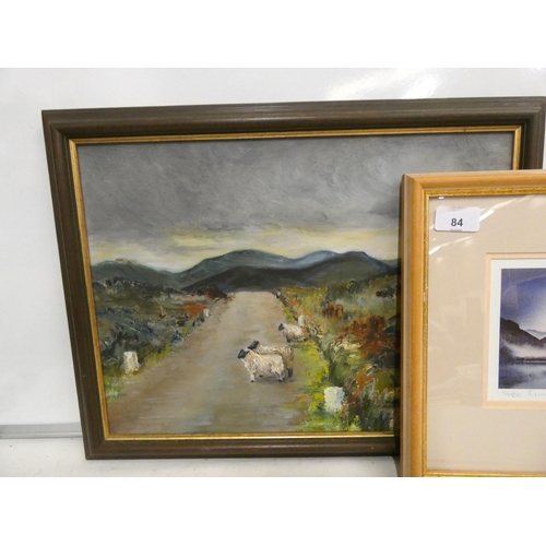 84 - Margaret Vickers, oil on board, landscape and Ennerdale Water print. (2)