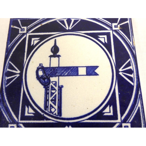 376 - 1930s Railway signal box floor tile by Platts of England having blue and white glazed decoration wit... 