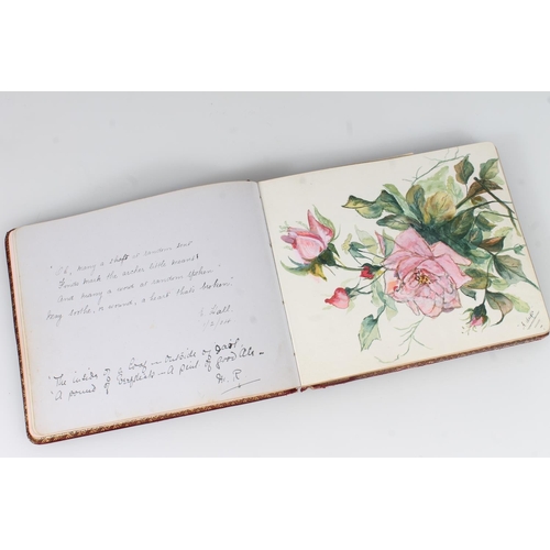 21 - Edwardian guest book, the maroon leather cover opening to reveal pages of autographs, poems, signatu... 