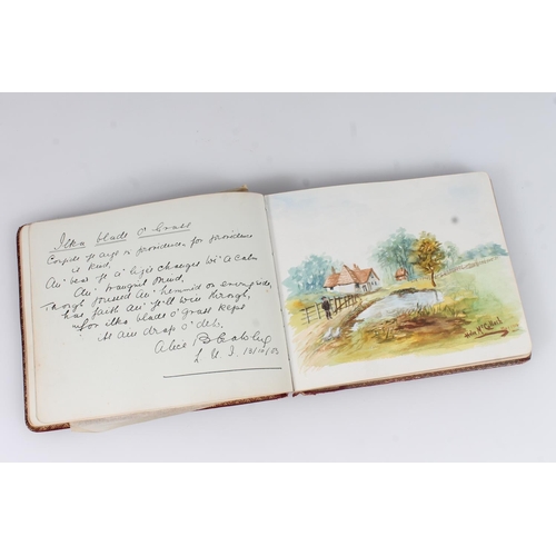 21 - Edwardian guest book, the maroon leather cover opening to reveal pages of autographs, poems, signatu... 