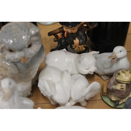 236 - Nao Hippos, two Royal Albert Beatrix Potter figures, Nao owl, Wade Sandeman decanters etc.