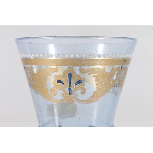 249 - Late 19thC Bohemian small blue wine glass with conical enamel and gilt bowl over wrythen stem, H10.5... 