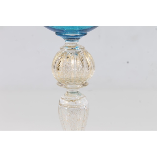 250 - Venetian early 20thC blue wine glass with gold aventurine stem, H20cm.